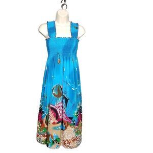 Small/Medium Blue Pull On Midi Dress Hawaii Beach Sleeveless Vacation Dress S